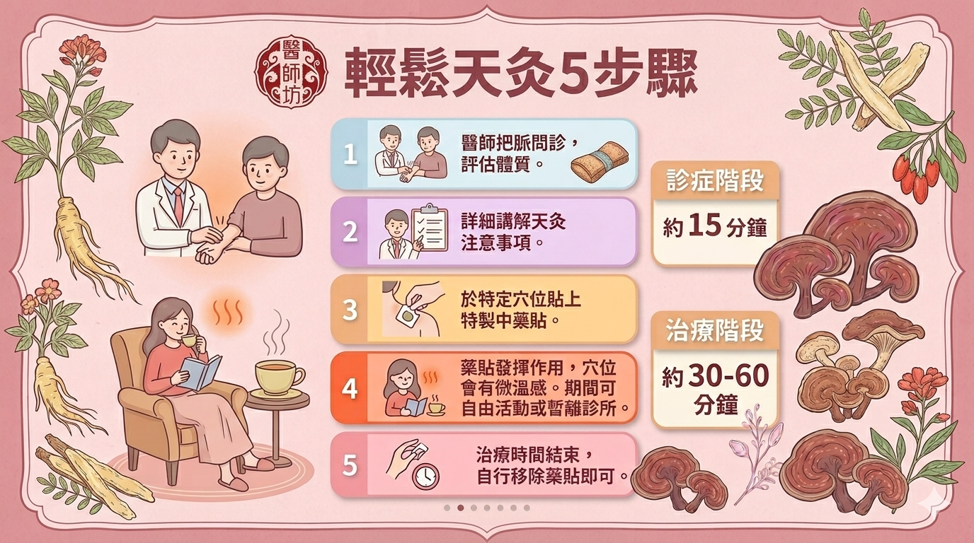 這是一張由醫師坊製作的「輕鬆天灸5步驟」教育資訊圖，詳細列出療程步驟及時間。步驟包括：1. 醫師把脈問診，評估體質。2. 詳細講解天灸注意事項。3. 於特定穴位貼上特製中藥貼。4. 藥貼發揮作用，穴位會有微溫感。期間可自由活動或暫離診所。5. 治療時間結束，自行移除藥貼即可。